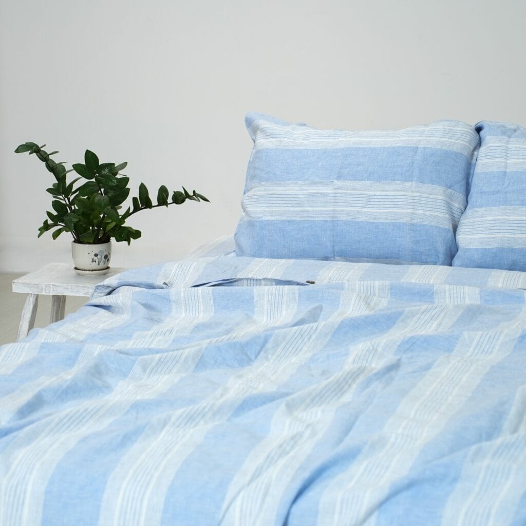 Light Blue Striped French Linen Flat Sheet | 100% Linen Flat Sheet