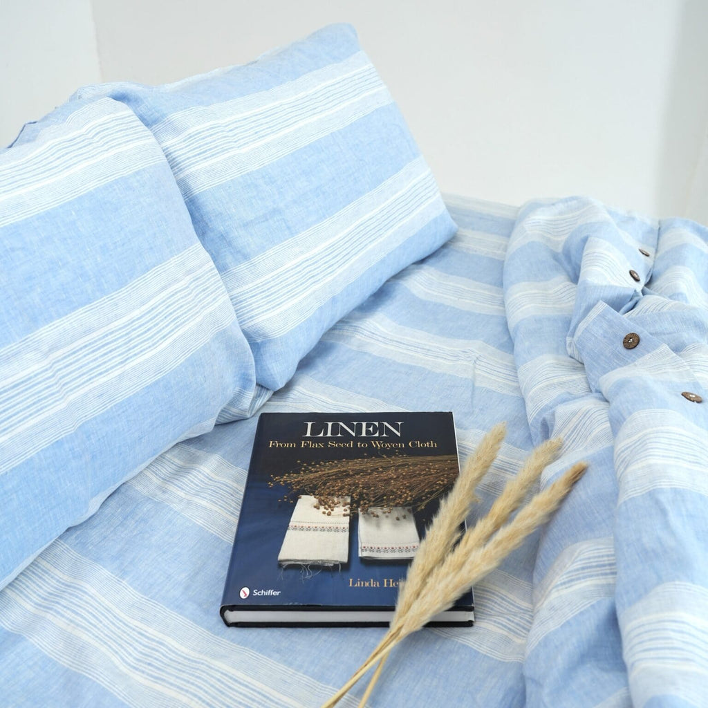 Blue Striped French Linen Duvet Cover+2 Pillowcases Set - Yarn Dyeing 60