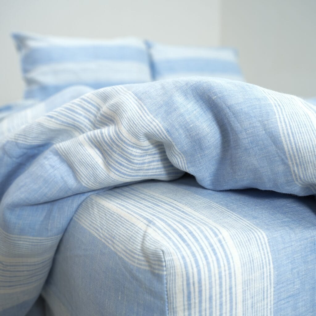 Striped Blue French Linen Fitted Sheet Set - Yarn-Dyed with 2 Pillowcases