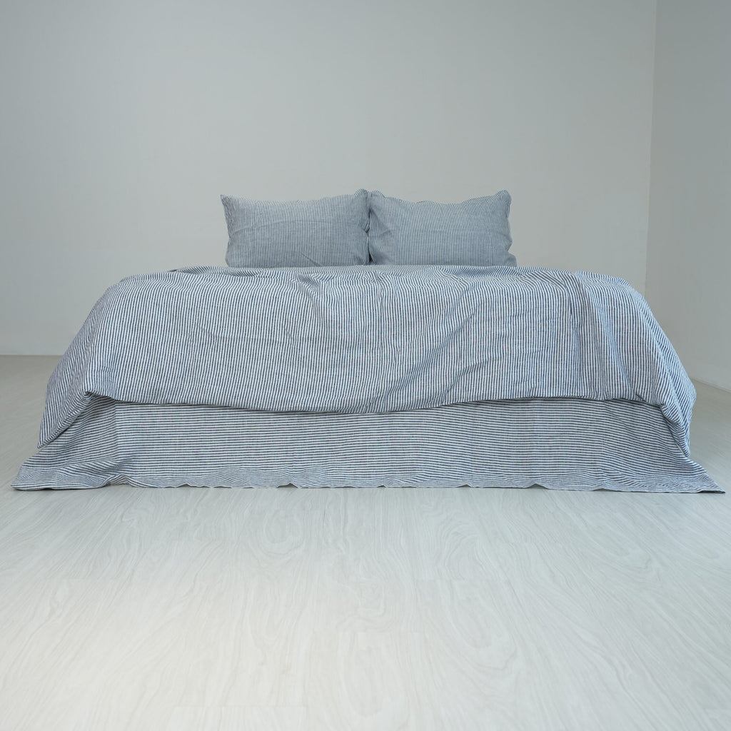 Navy Striped French Linen Duvet Cover+2 Pillowcases Set | Yarn-Dyed | Handmade