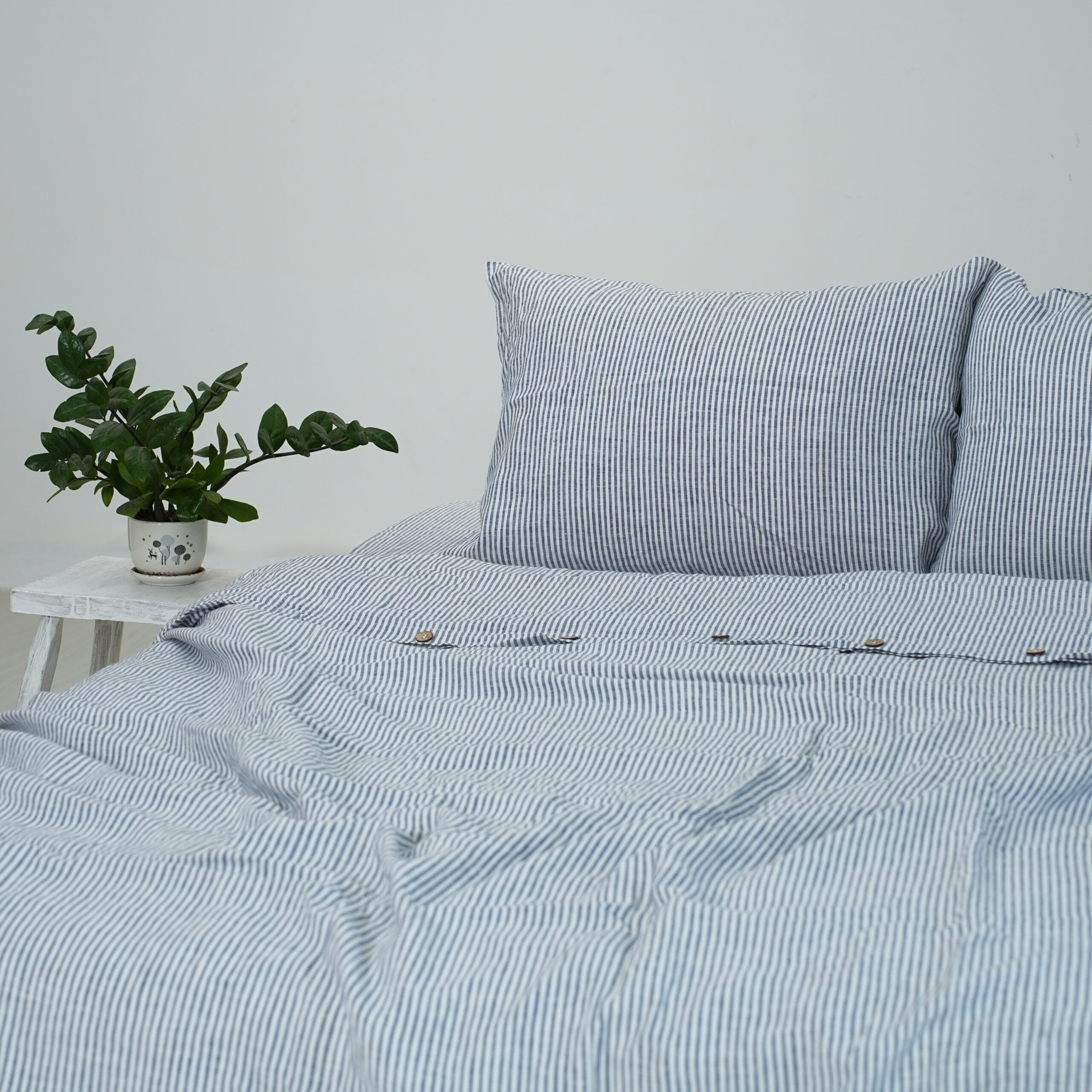Navy Striped French Linen Duvet Cover+2 Pillowcases Set | Yarn-Dyed | Handmade