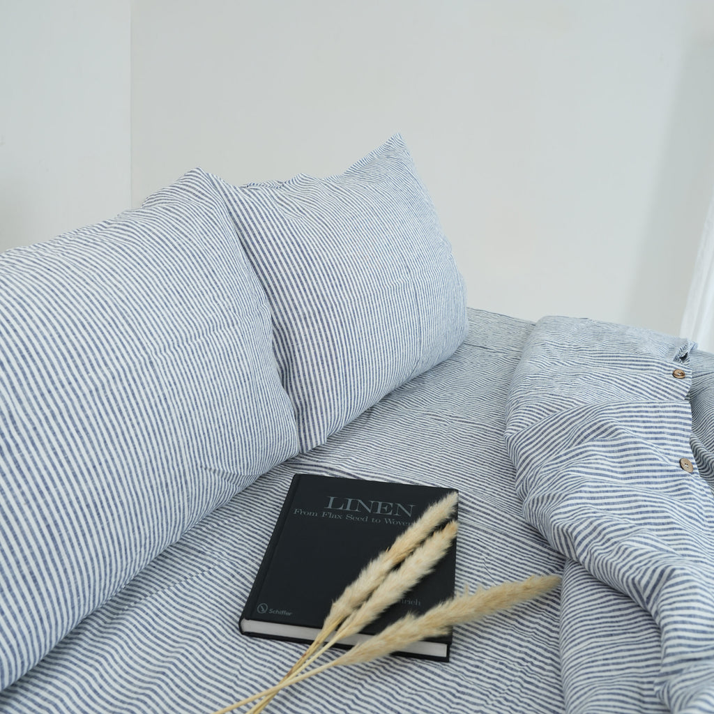 Navy Striped French Linen Bedding Sets (4 pieces) - Yarn Dyeing