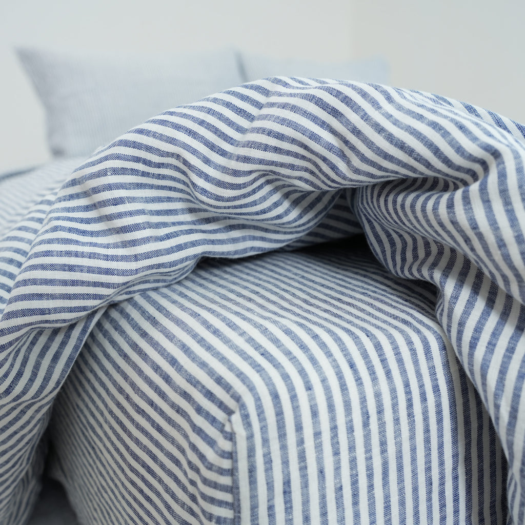Navy Striped French Linen Duvet Cover+2 Pillowcases Set | Yarn-Dyed | Handmade