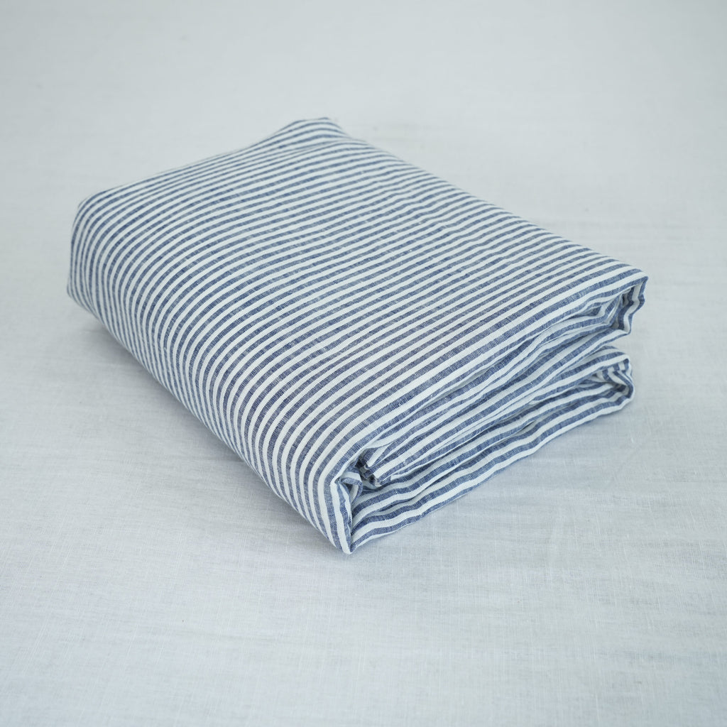 Striped Navy French Linen Fitted Sheet Set - Yarn-Dyed with 2 Pillowcases