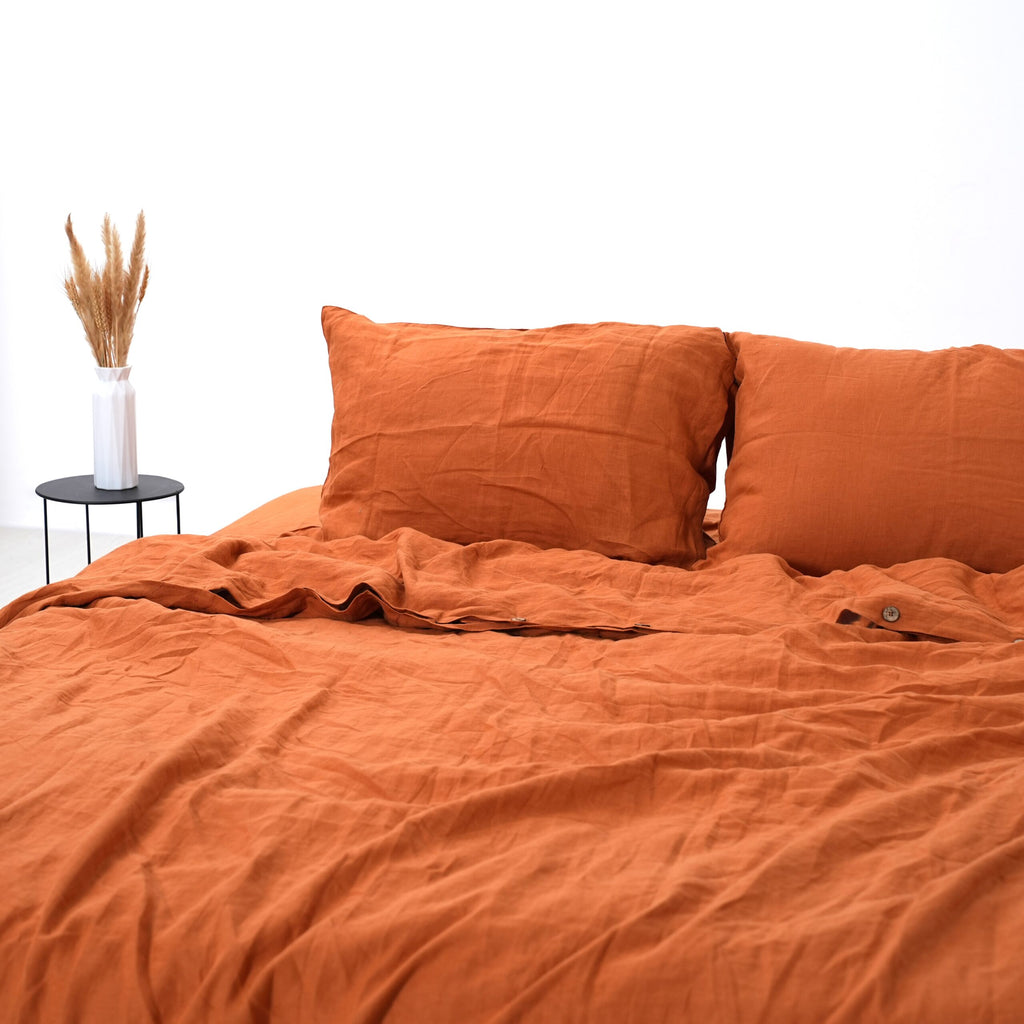 Orange French Linen Duvet Cover+2 Pillowcases Set- Plain Dyeing 37