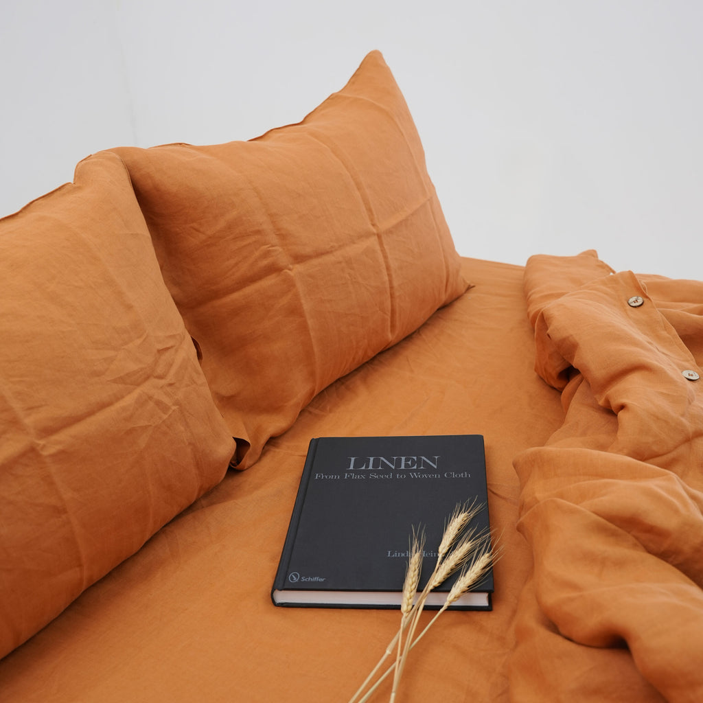 Pumkin French Linen Bedsheet | Deep Pocket Fitted Sheet