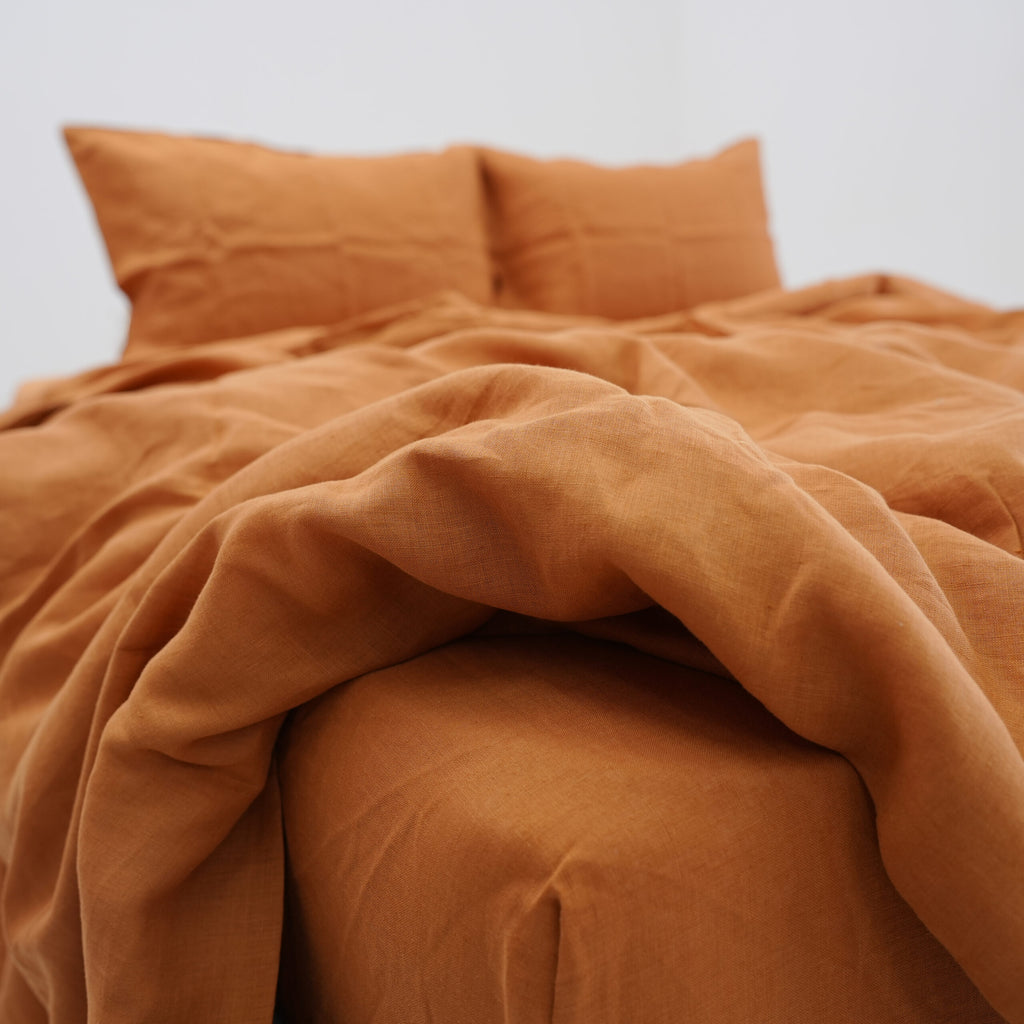 Pumkin French Linen Bedsheet | Deep Pocket Fitted Sheet