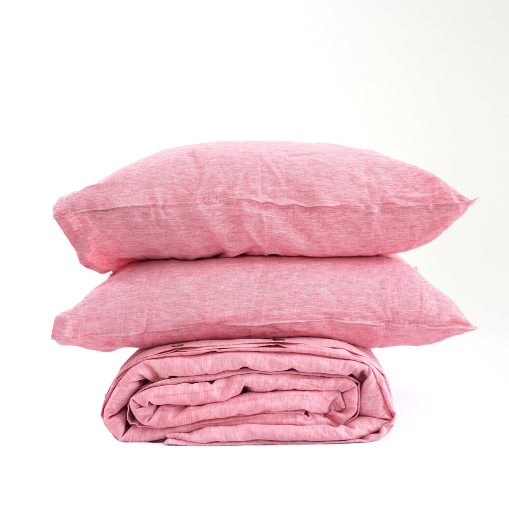 Red Pink French Linen Duvet Cover+2 Pillowcases Set | Yarn-Dyed | Handmade