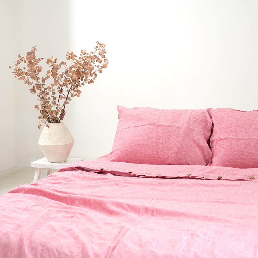 Red Pink French Linen Duvet Cover+2 Pillowcases Set | Yarn-Dyed | Handmade