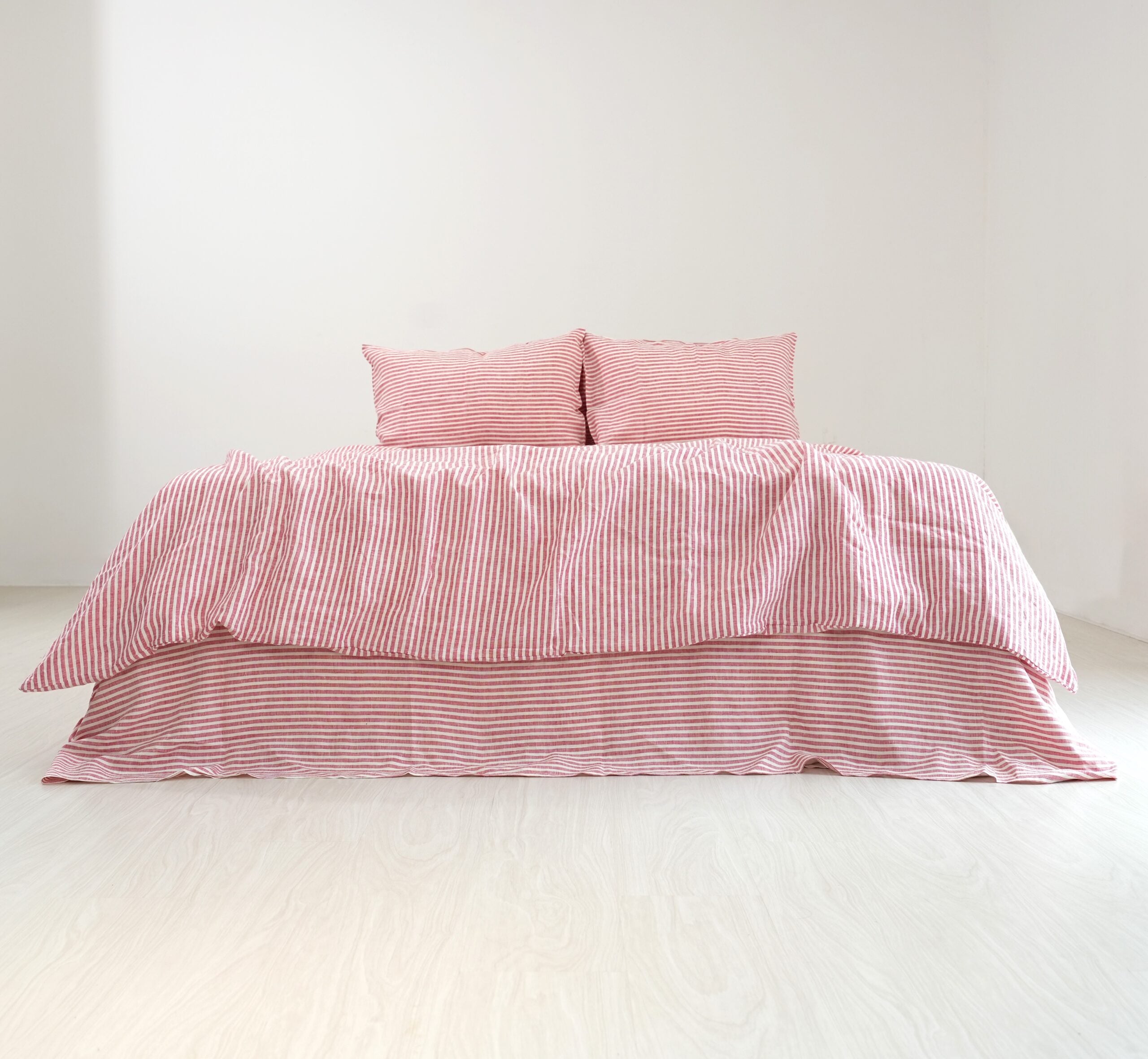 Red Striped French Linen Duvet Cover+2 Pillowcases Set | Yarn-Dyed | Handmade