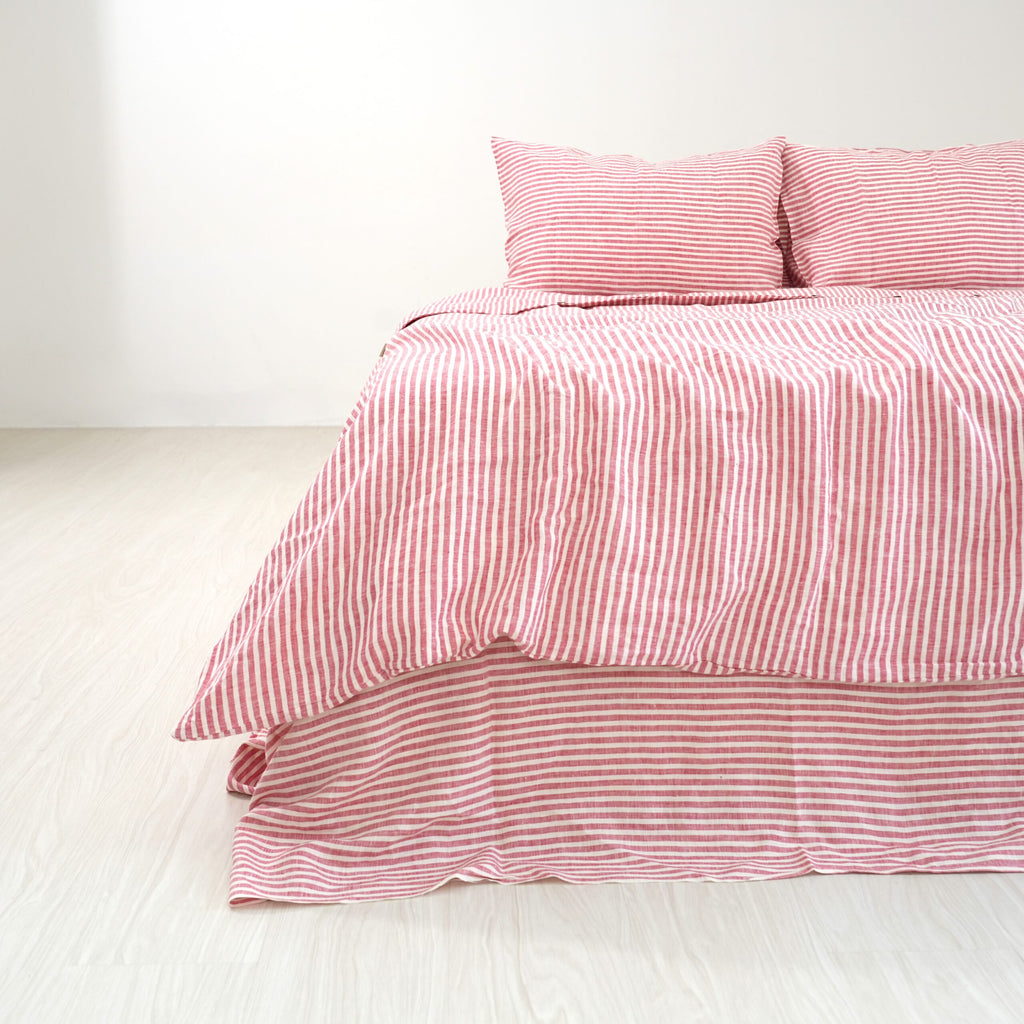 Red Striped French Linen Duvet Cover+2 Pillowcases Set | Yarn-Dyed | Handmade