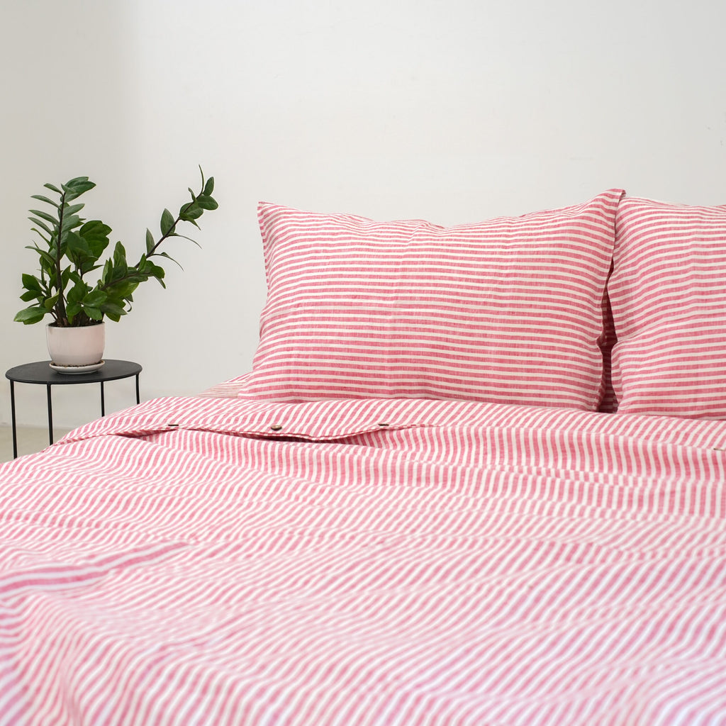 Red Striped French Linen Duvet Cover+2 Pillowcases Set | Yarn-Dyed | Handmade