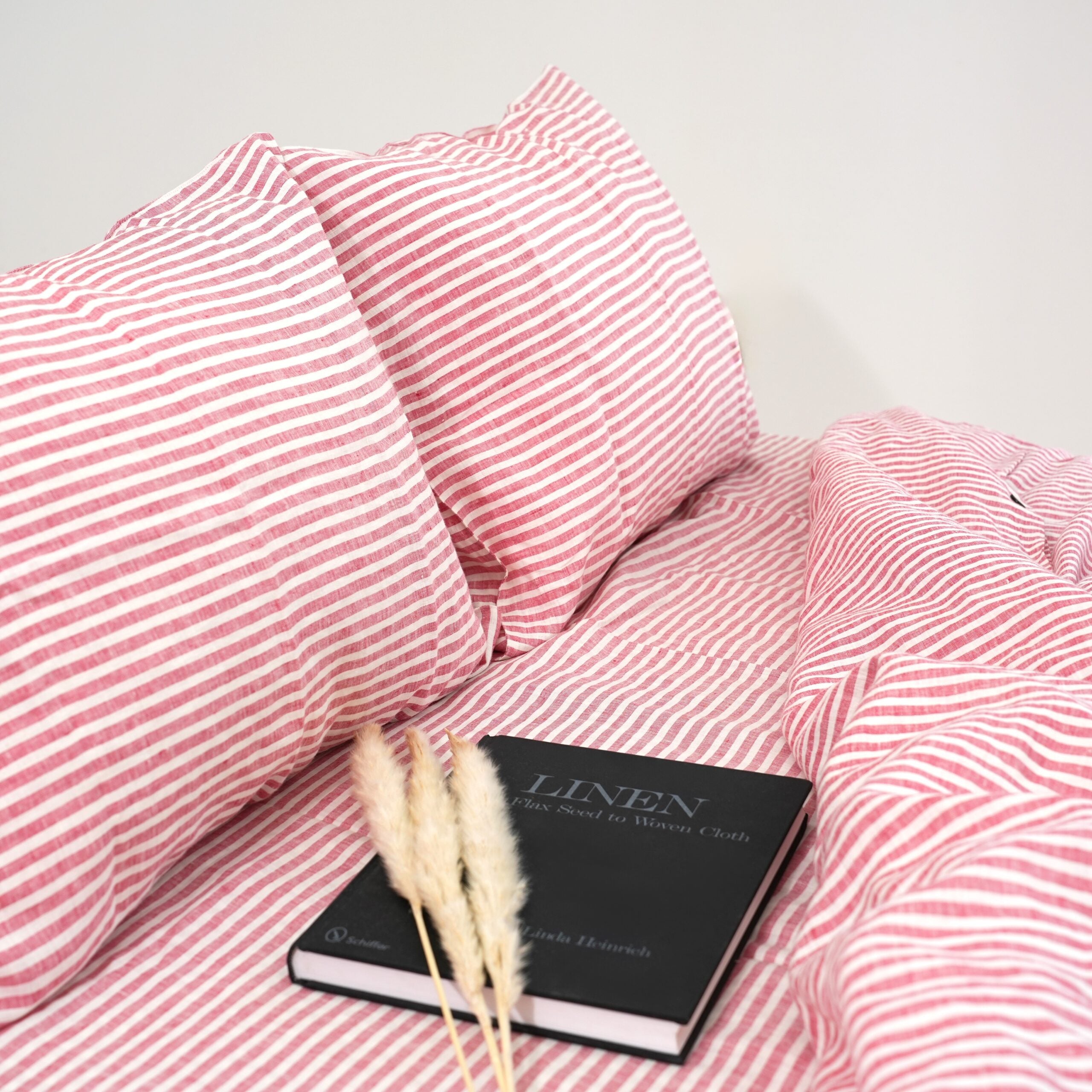 Red Striped French Linen Duvet Cover+2 Pillowcases Set | Yarn-Dyed | Handmade