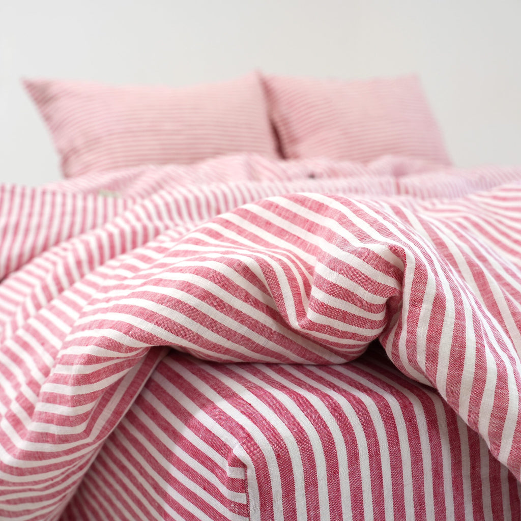 Red Striped French Linen Duvet Cover+2 Pillowcases Set | Yarn-Dyed | Handmade