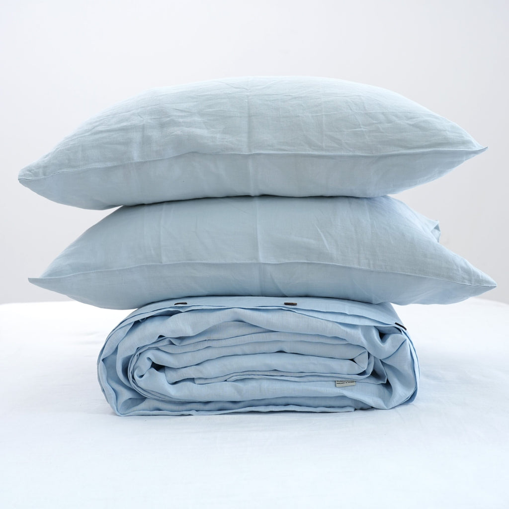 Sky Blue French Linen Fitted Sheet Set - Deep Pocket with 2 Pillowcases