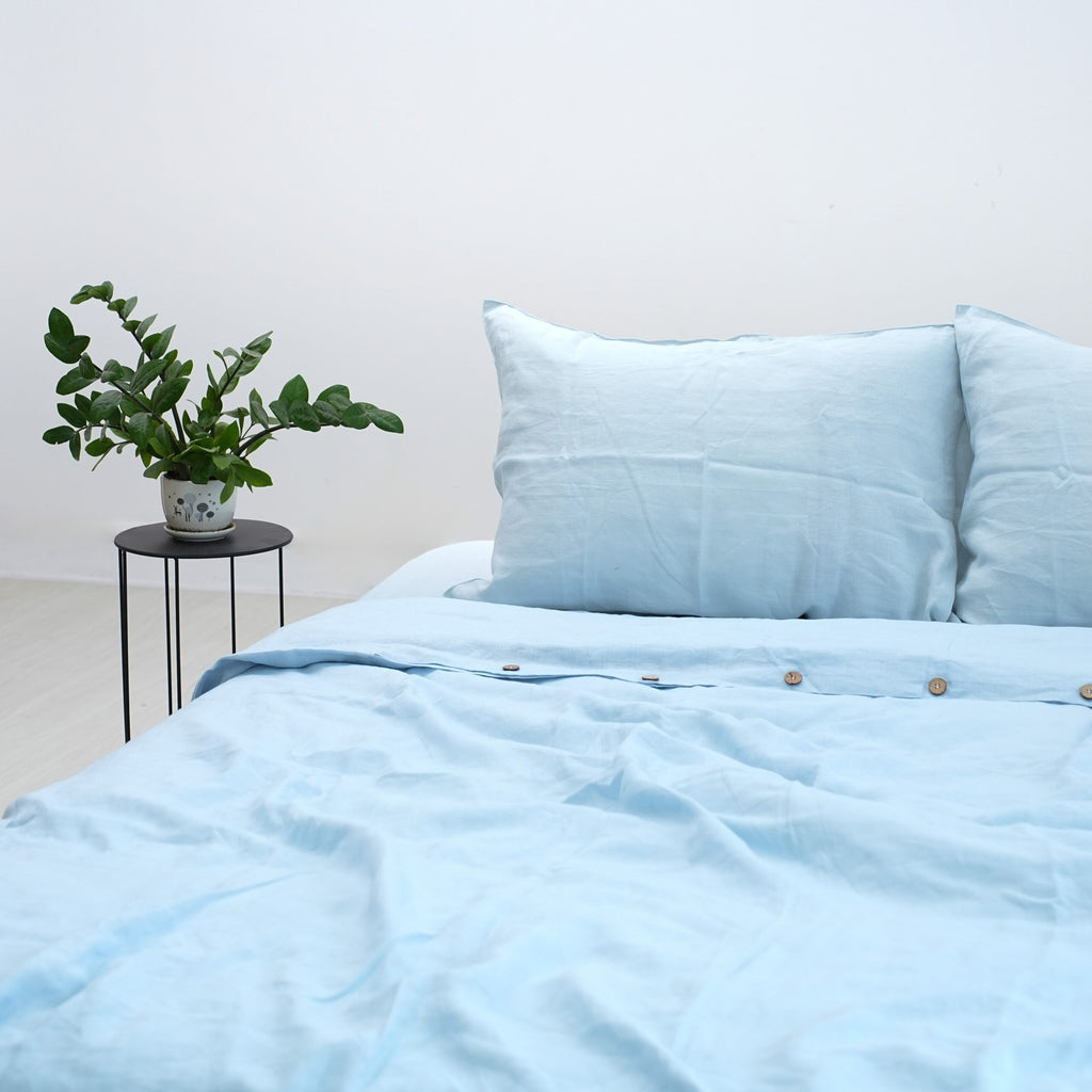 Sky Blue French Linen Fitted Sheet Set - Deep Pocket with 2 Pillowcases