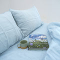Sky Blue French Linen Fitted Sheet Set - Deep Pocket with 2 Pillowcases