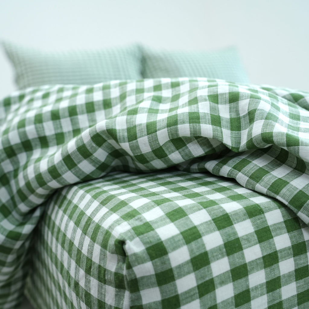 Small Grid Green French Linen Flat Sheet | 100% Linen Flat Sheet