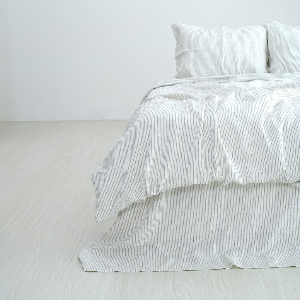Striped Black French Linen Bedsheet | Deep Pocket Fitted Sheet