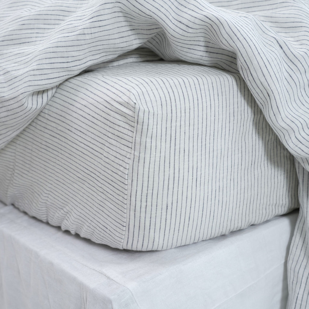 Striped Black French Linen Bedsheet | Deep Pocket Fitted Sheet