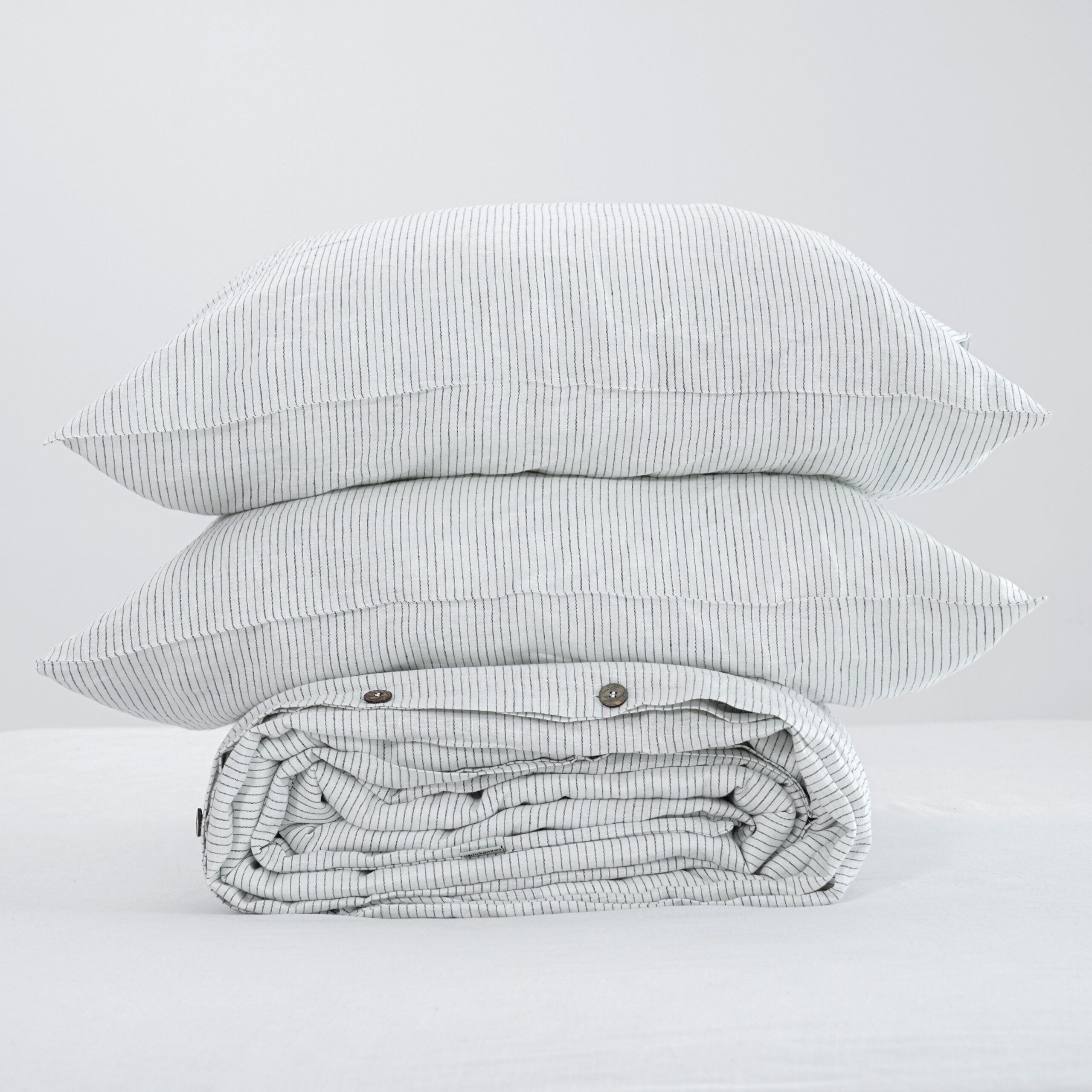Striped Black French Linen Fitted Sheet Set - Yarn-Dyed with 2 Pillowcases