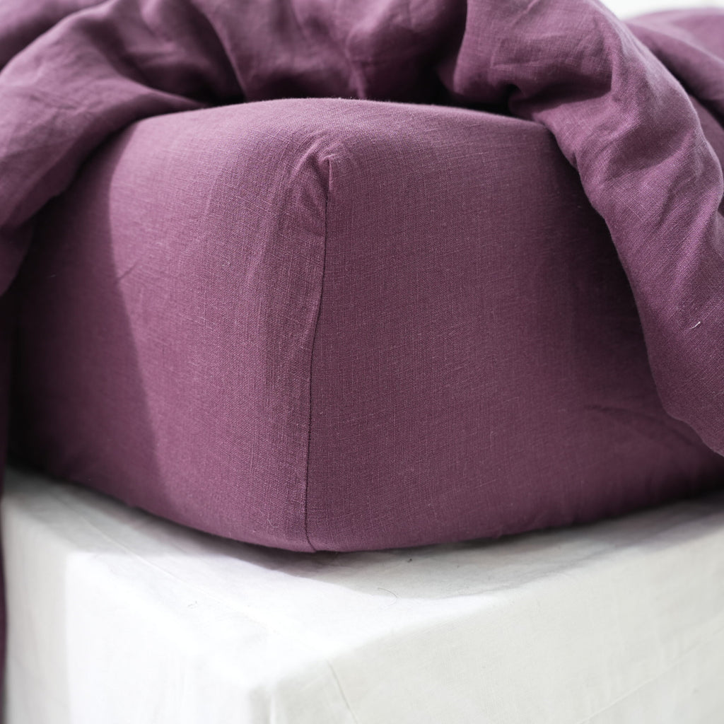 Violet Purple French Linen Fitted Sheet Set - Deep Pocket with 2 Pillowcases