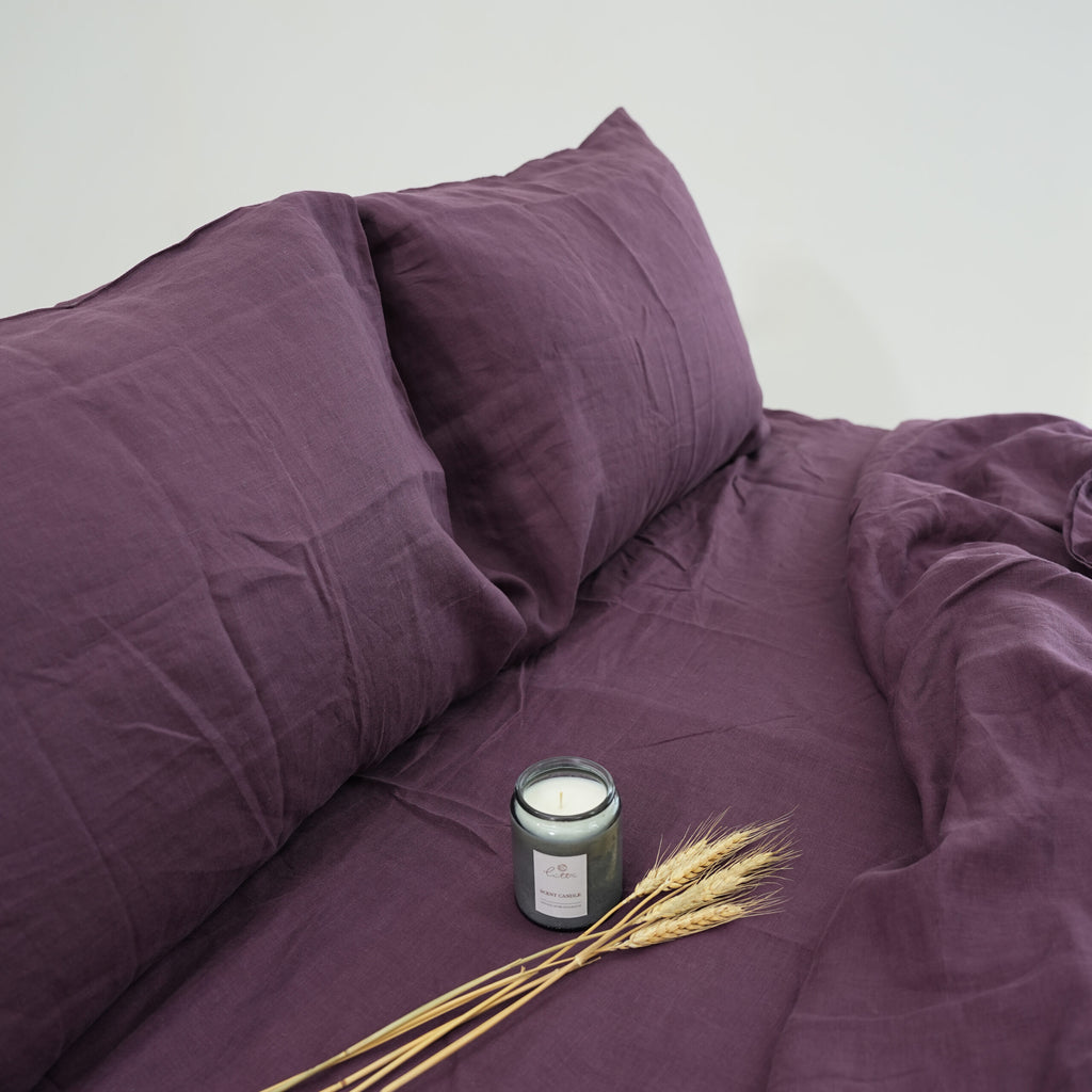 Violet Purple French Linen Fitted Sheet Set - Deep Pocket with 2 Pillowcases