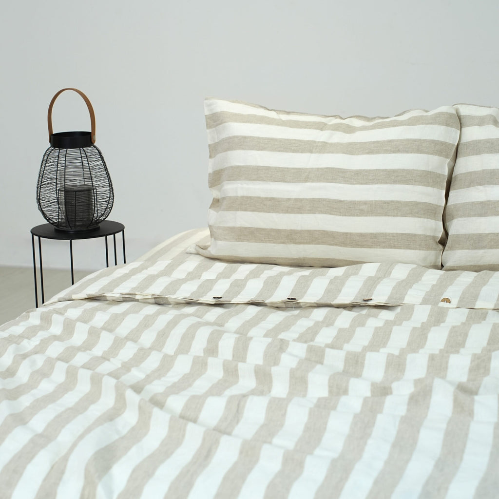Striped Flax French Linen Fitted Sheet Set - Yarn-Dyed with 2 Pillowcases