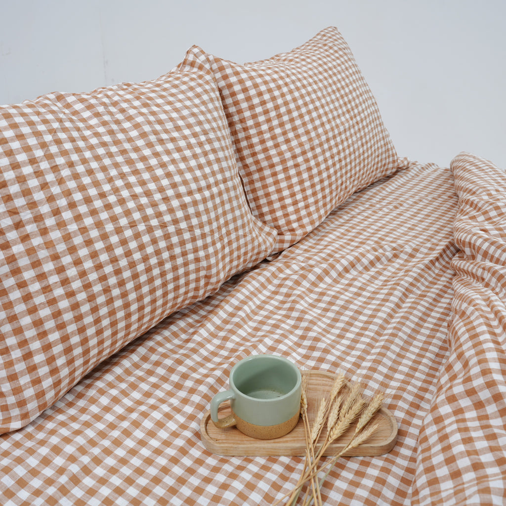 Small Gird Light Brow French Linen Pillowcase - Yarn Dyeing 82