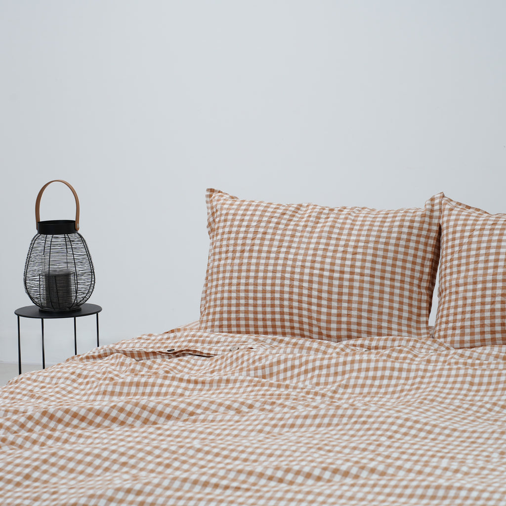 Small Gird Light Brow French Linen Pillowcase - Yarn Dyeing 82