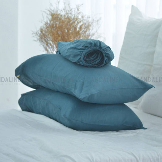 Azure French Linen Fitted Sheet - Plain Dyeing 36