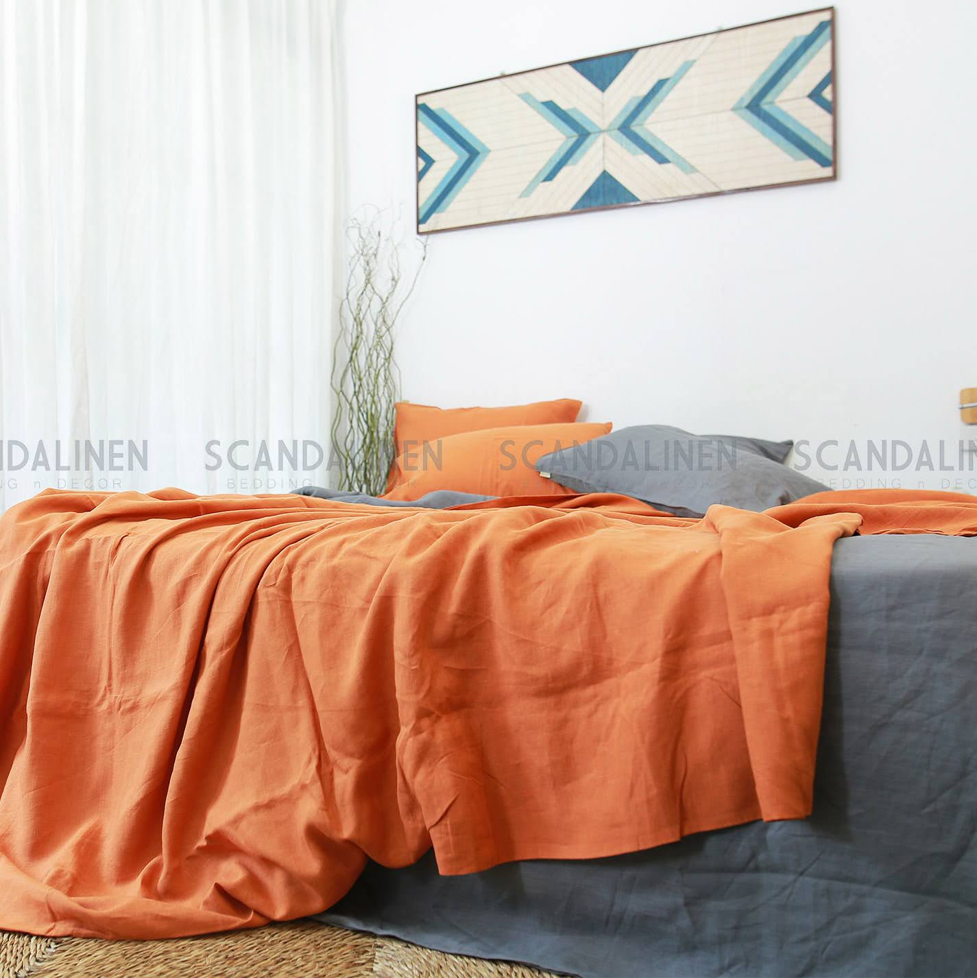 Orange French Linen Duvet Sheet Set (4 pieces) - Plain Dyeing