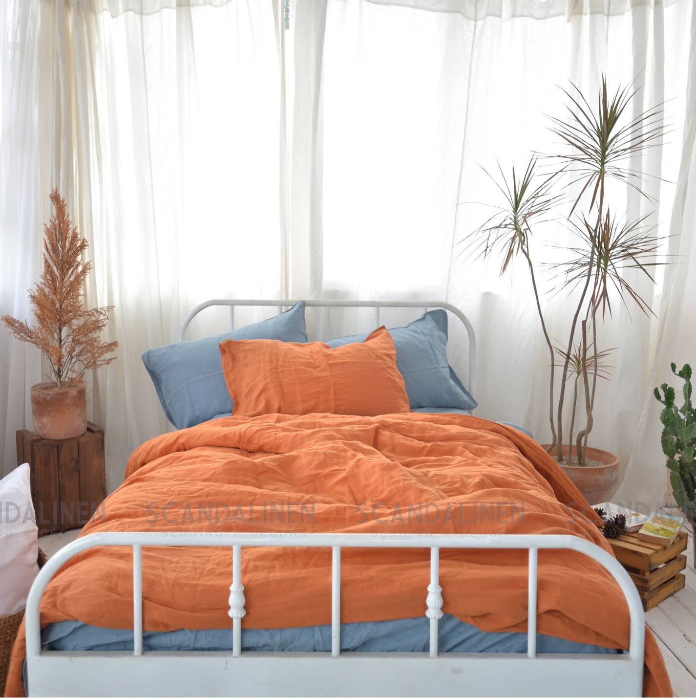 Orange French Linen Duvet Sheet Set (4 pieces) - Plain Dyeing