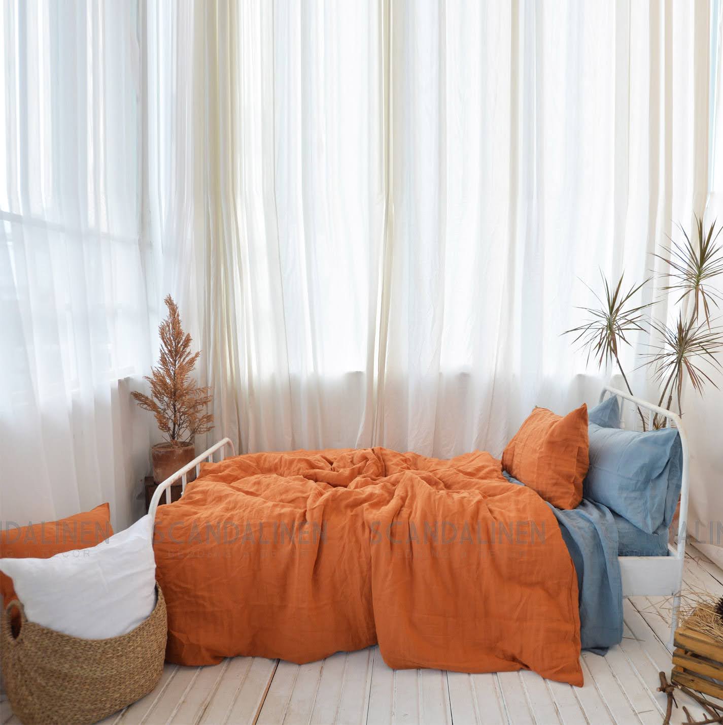 Orange French Linen Duvet Sheet Set (4 pieces) - Plain Dyeing