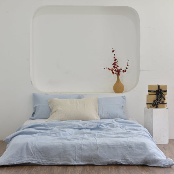Baby Blue Bamboo Linen Duvet Cover Set - Sustainable 4-Piece