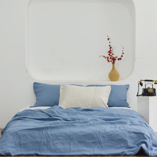 Cerulean Blue Bamboo Linen Duvet Cover Set - Sustainable 4-Piece