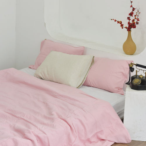 Blush Pink Bamboo Linen Duvet Cover Set - Soft & Breathable 4-Piece