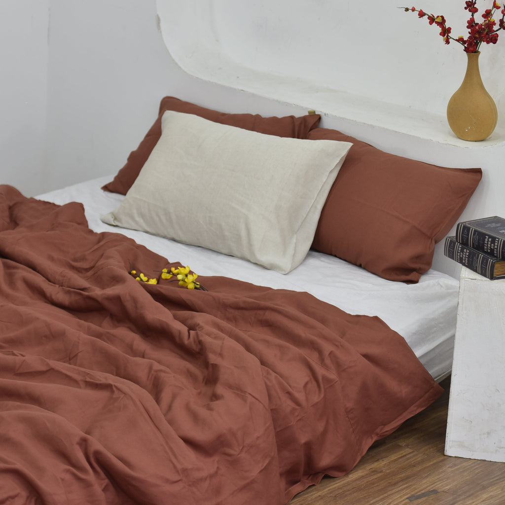 Brick Red Bamboo Linen Duvet Cover Set - Sustainable 4-Piece