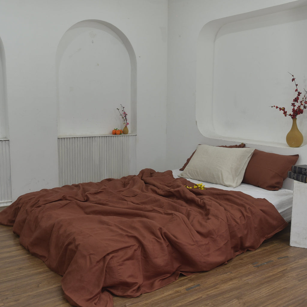 Brick Red Bamboo Linen Duvet Cover Set - Sustainable 4-Piece