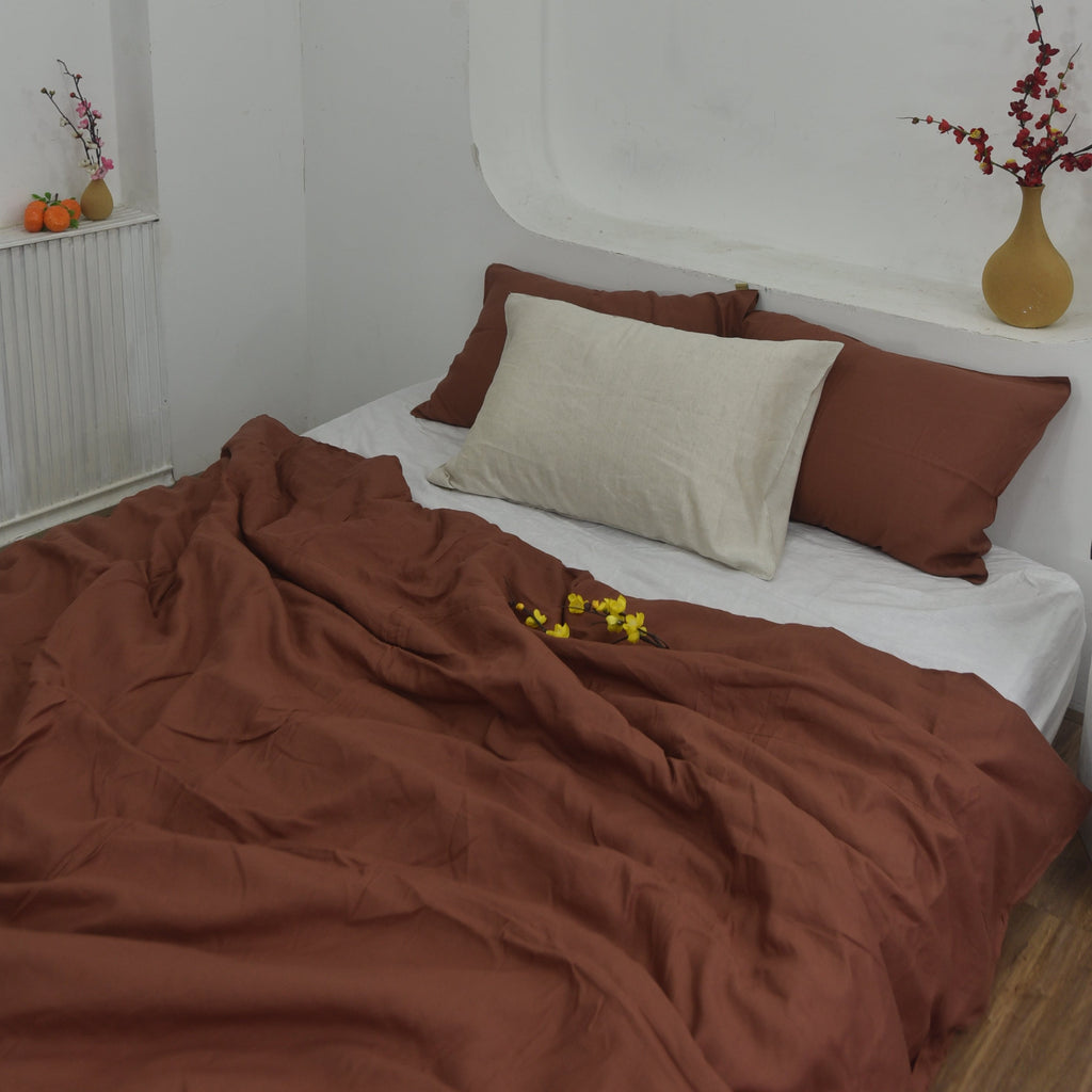 Brick Red Bamboo Linen Duvet Cover Set - Sustainable 4-Piece