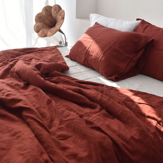 Red French Linen Fitted Sheet + 2 Pillowcases Set - Plain Dyeing 27