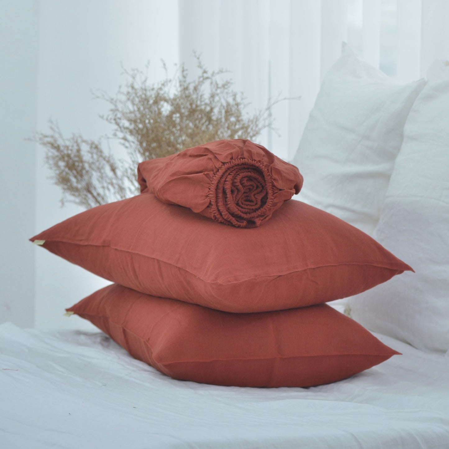 Red French Linen Fitted Sheet + 2 Pillowcases Set - Plain Dyeing 27