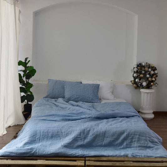 Blue French Linen Duvet Cover+2 Pillowcases Set - Yarn Dyeing 42
