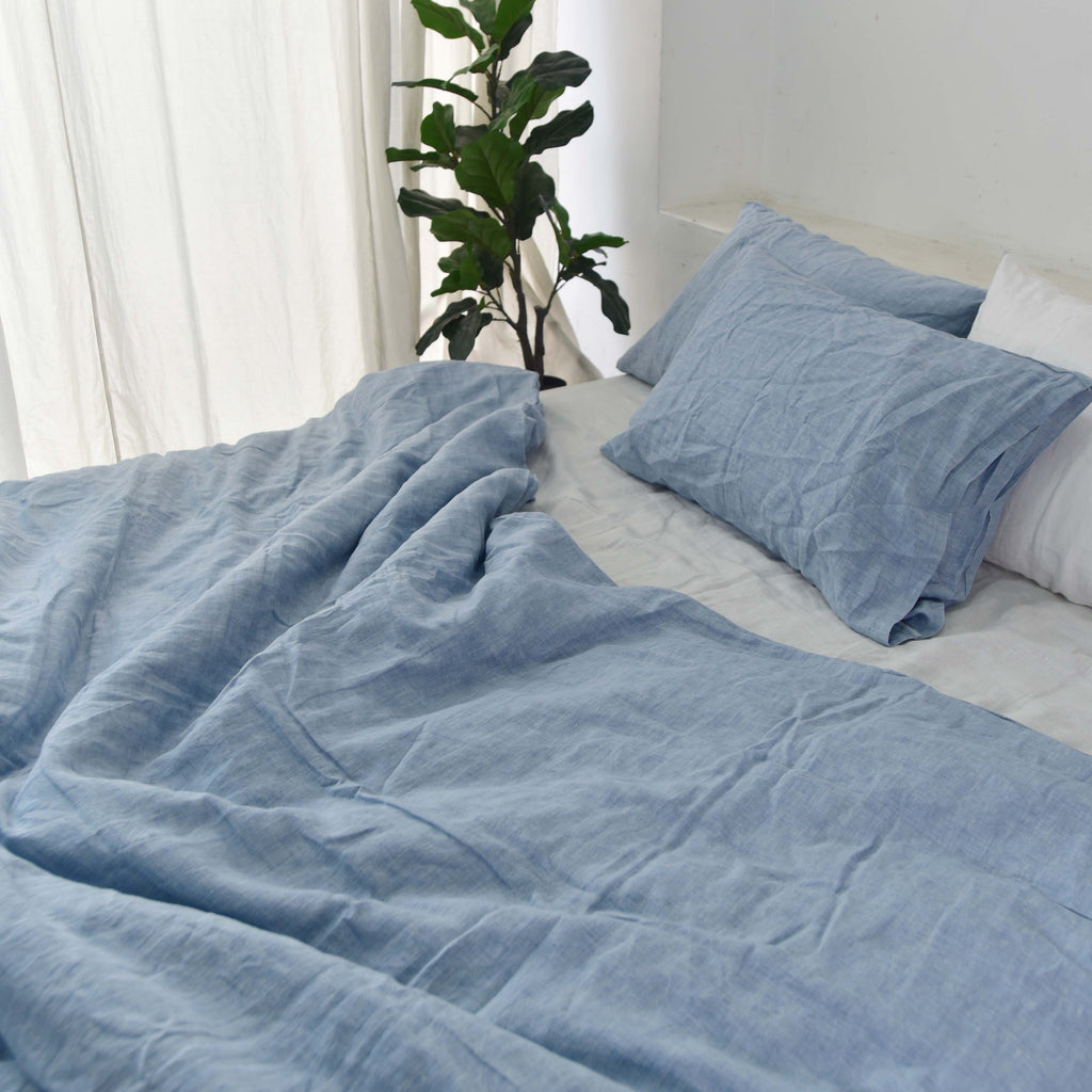 Blue French Linen Duvet Cover+2 Pillowcases Set - Yarn Dyeing 42