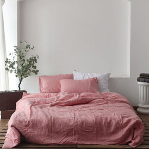 Red Pink French Linen Bedding Sets (4 pieces) - Yarn Dyeing