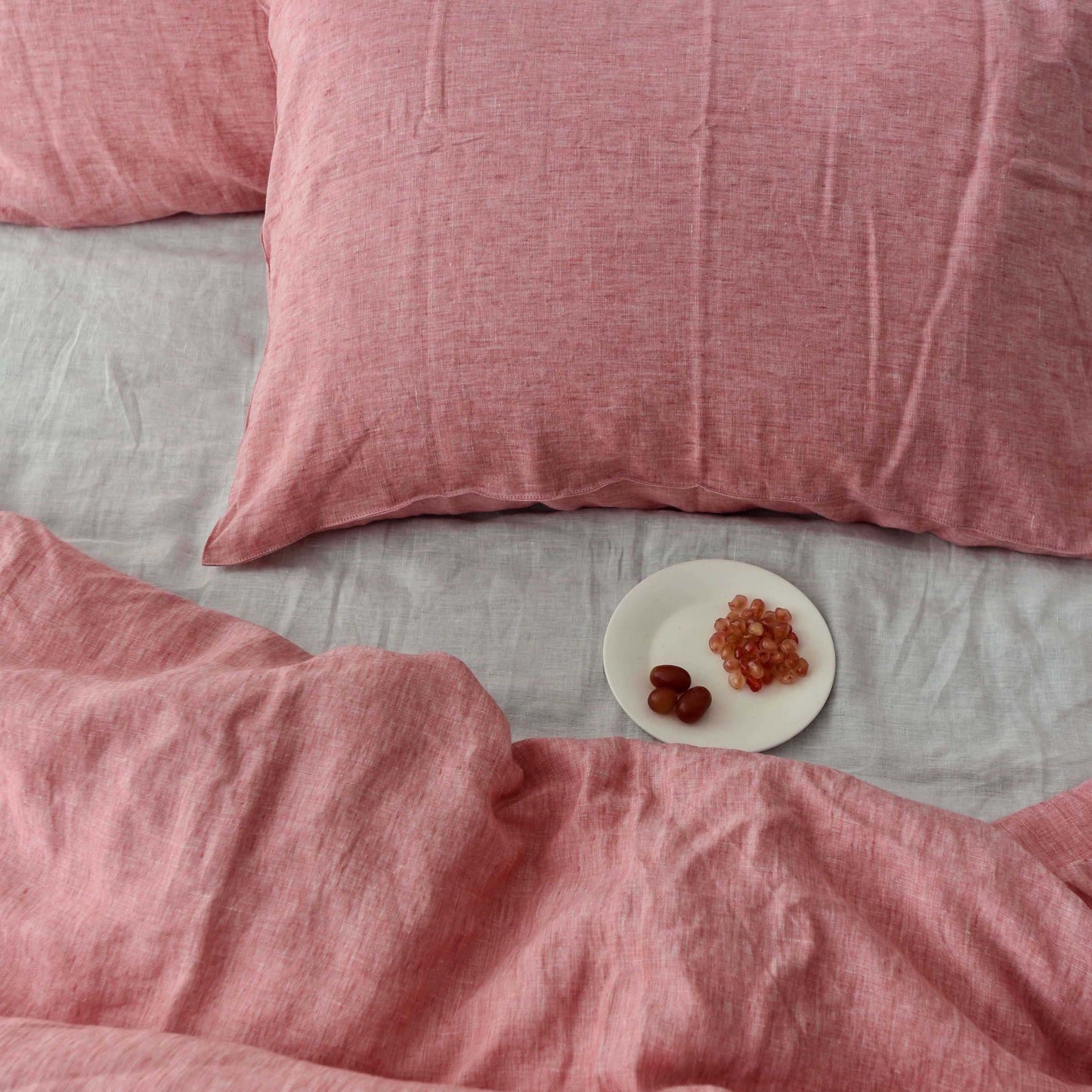 Red Pink French Linen Duvet Cover+2 Pillowcases Set - Yarn Dyeing 43