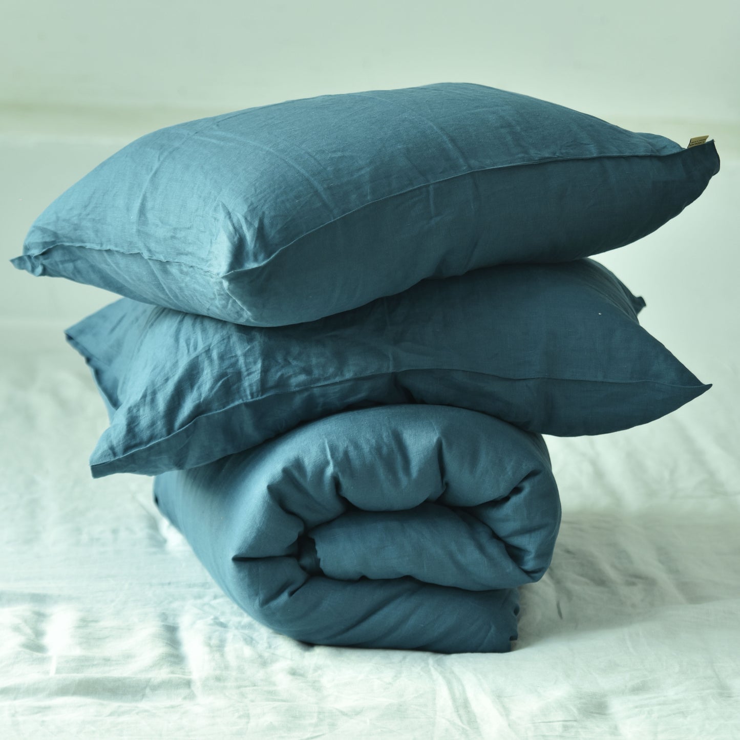 Azure French Linen Duvet Cover+2 Pillowcases Set - Plain Dyeing 36