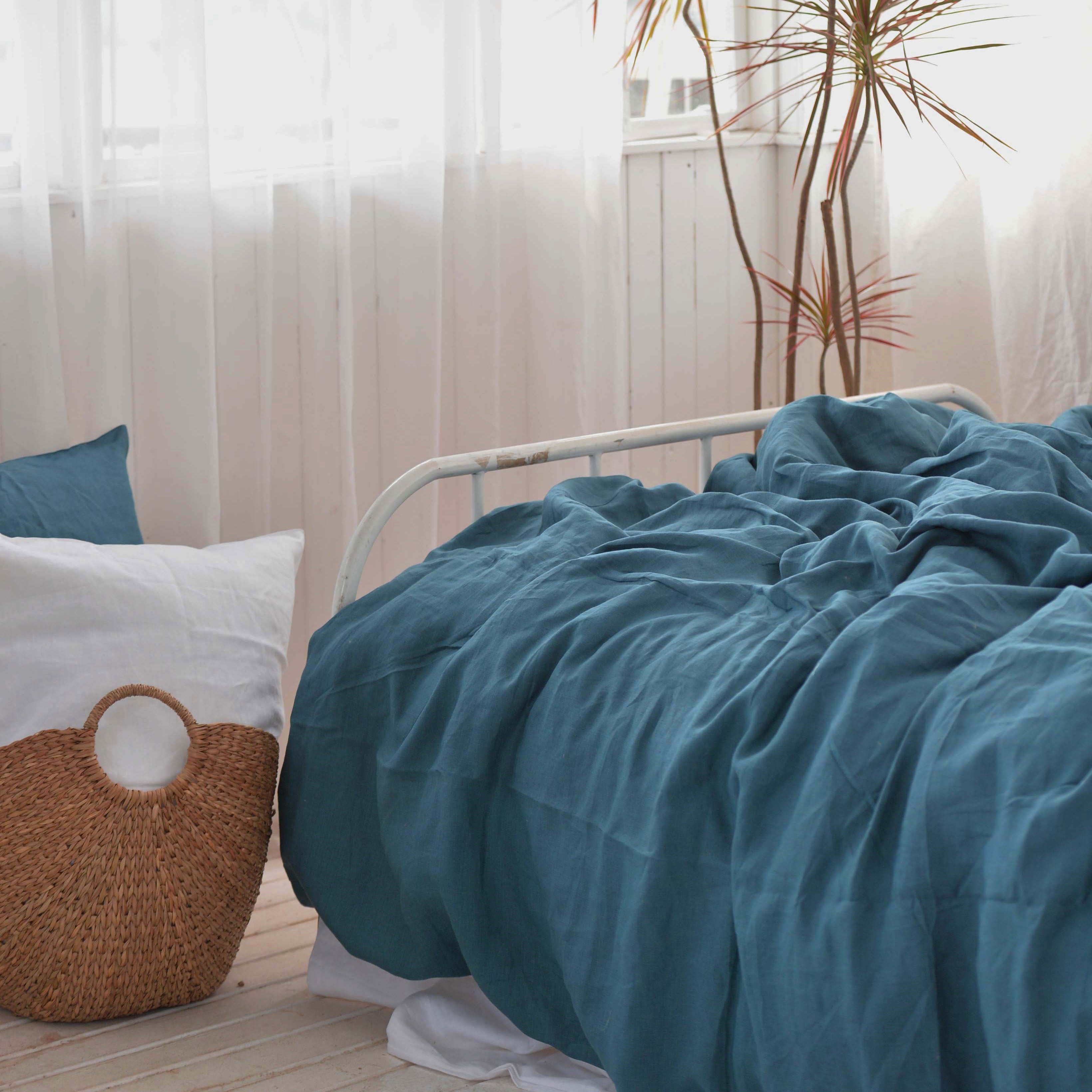 Azure French Linen Fitted Sheet + 2 Pillowcases Set - Plain Dyeing 36