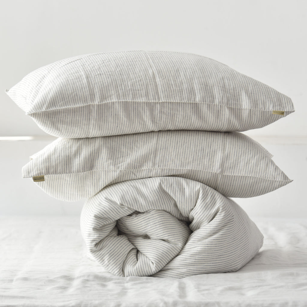 Black Striped French Linen Duvet Cover+2 Pillowcases Set - Yarn Dyeing 59