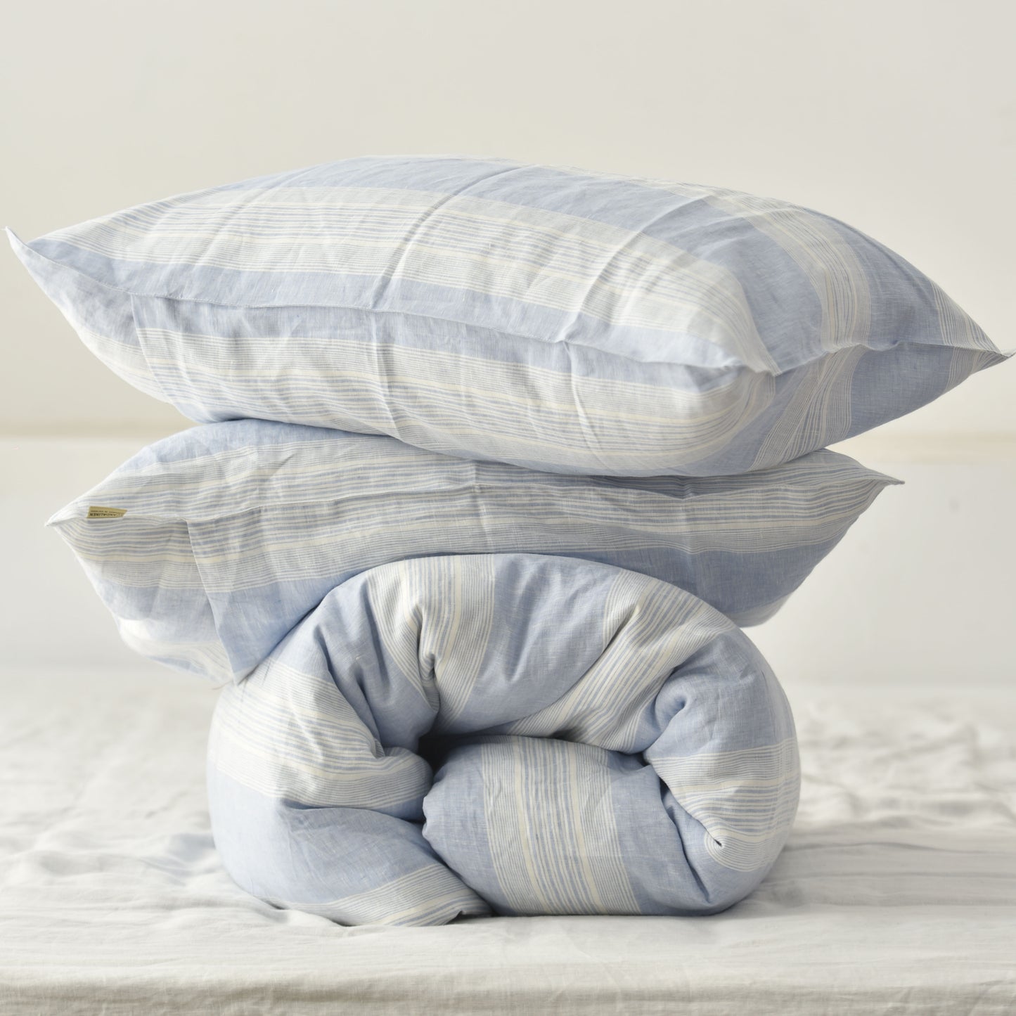Blue Striped French Linen Duvet Cover+2 Pillowcases Set - Yarn Dyeing 60
